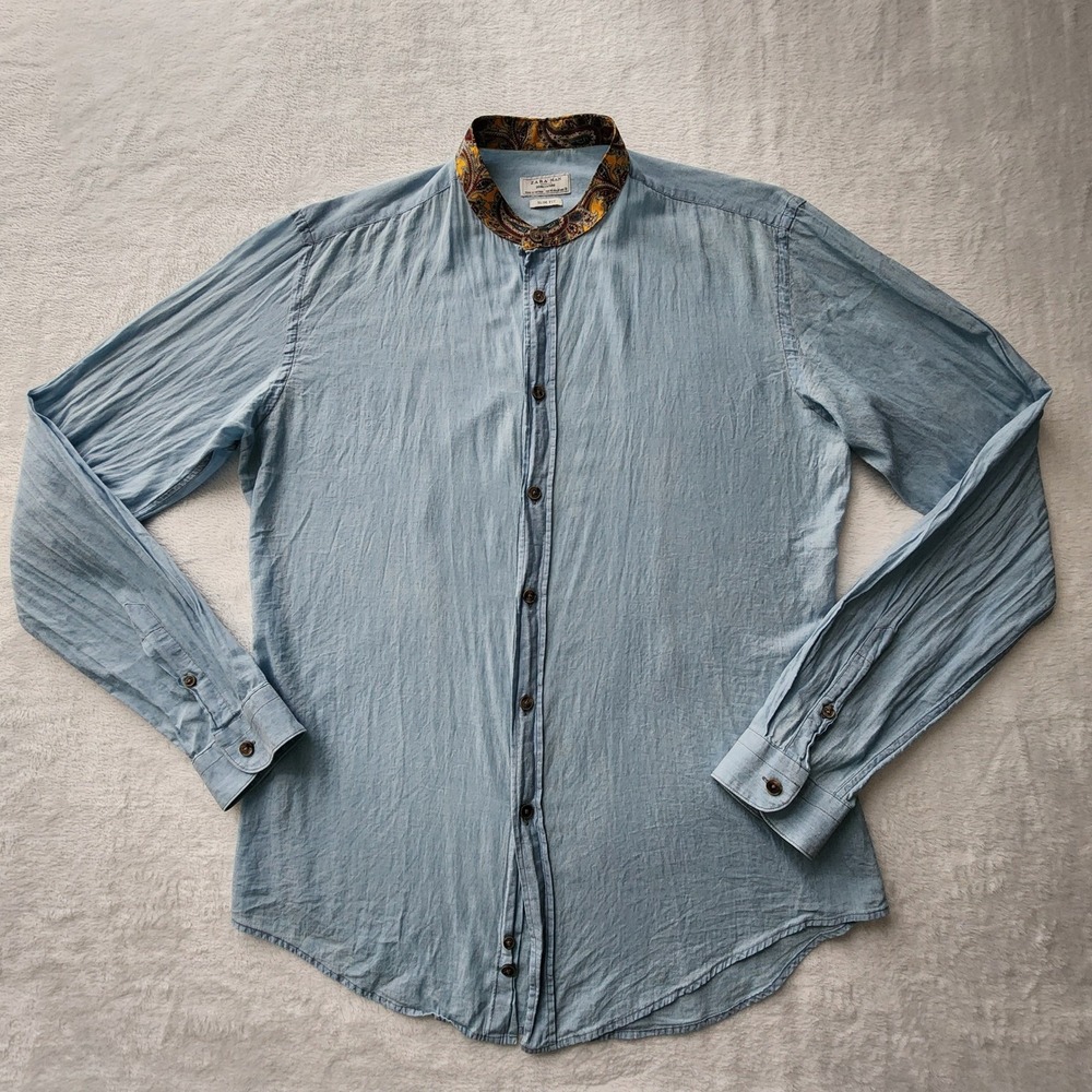 Zara Man Shirt Mens M Blue Slim Fit Paisley Mandarin Collar Lightweight Vacation